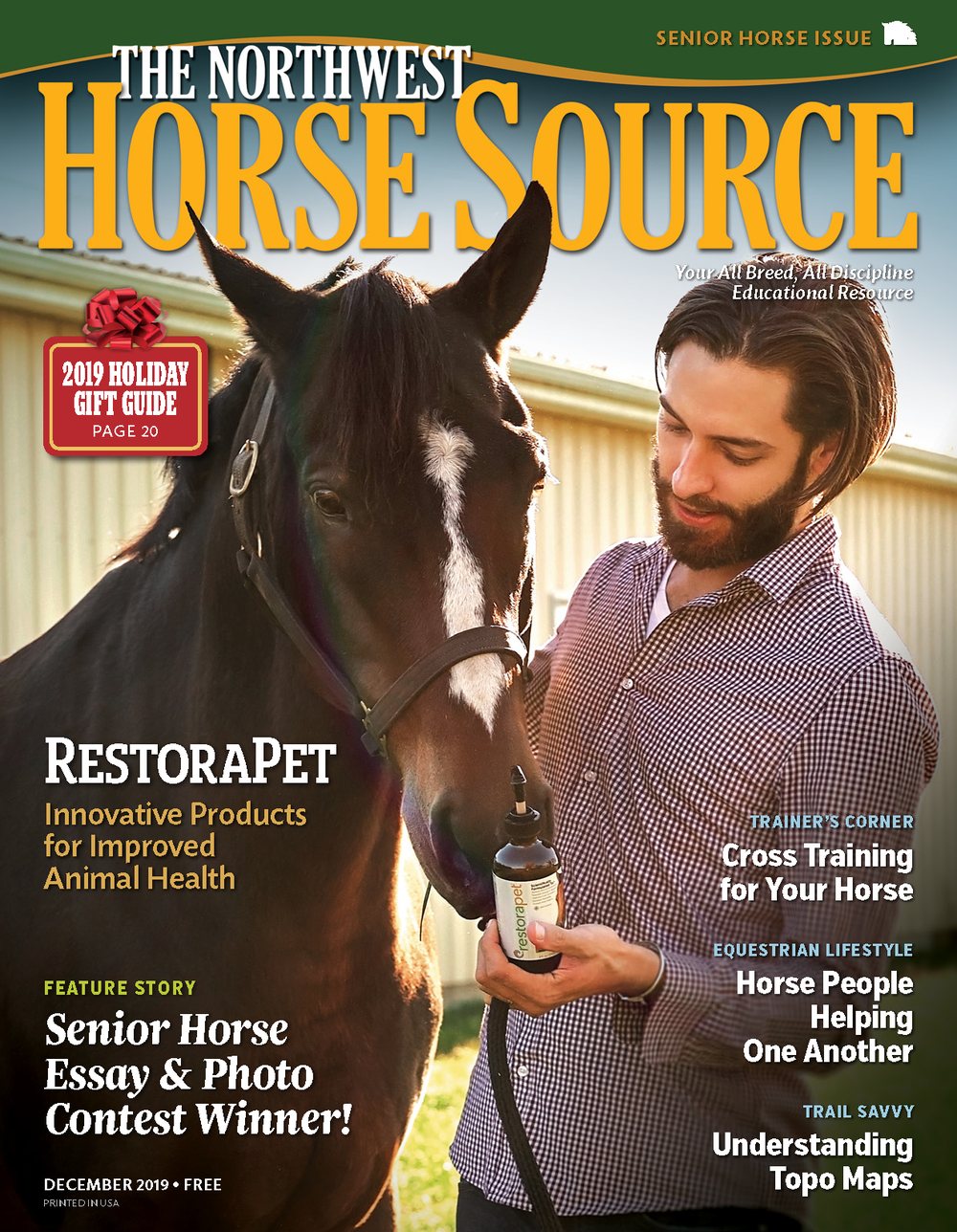 The December 2019 cover of The Northwest Horse Source, showing Brian Larsen holding a RestoraPet bottle beside a horse, with the cover line Innovative Products for Improved Animal Health